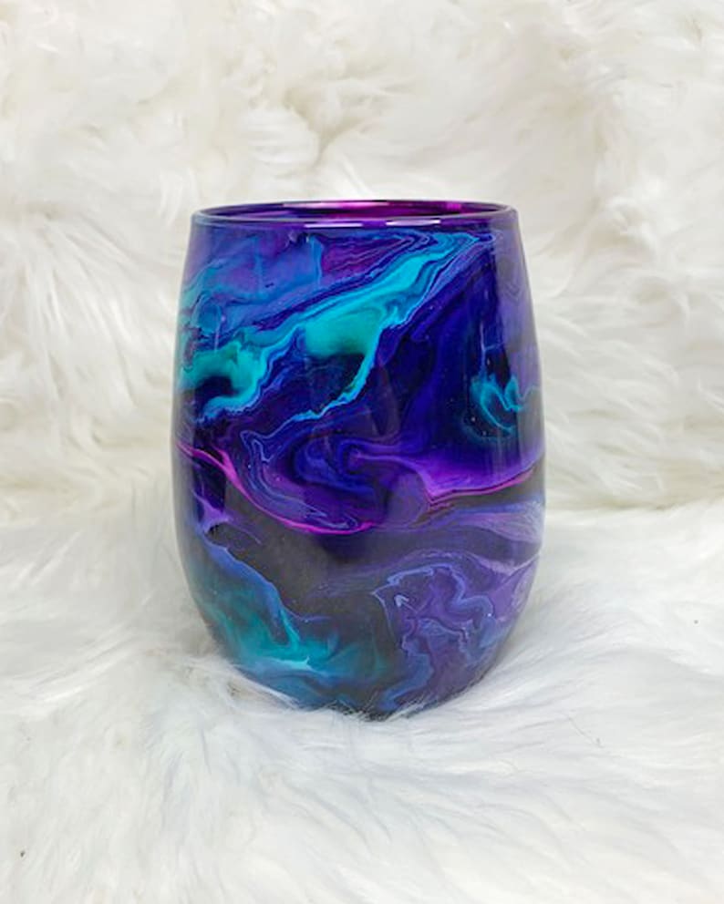 Stemless Wine Glasses, Teal and Purple Housewarming Gift, Unique Couple Wedding Gift, Bride and Groom Glasses, Bridesmaid Wine Glass Gifts image 4