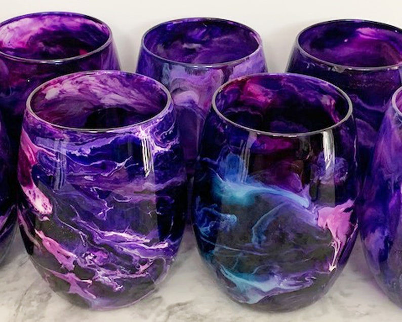 Purple Galaxy Hand Painted Resin Art Stemless Wine Glasses, Unique Barware, Birthday Gift, Wedding Gift, Bridesmaid Gifts, Hostess Gifts image 9
