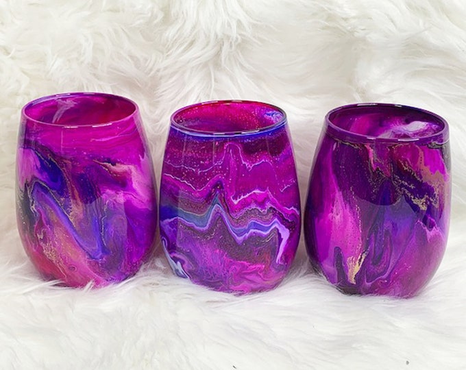 Stemless Wine Glasses in Magenta, Neon Pink and Purple , Colorful Drink ware, Pink Drinking Glasses, Christmas Gift, Housewarming Gifts