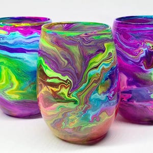 Hand Painted Wine Glasses, Colorful Stemless Bright Colored Barware, Abstract Neon Rainbow Drinking Glass, Unique Cocktail Glass, Boho Decor