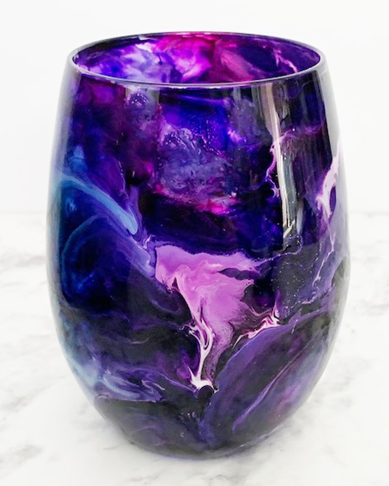 Purple Galaxy Hand Painted Resin Art Stemless Wine Glasses, Unique Barware, Birthday Gift, Wedding Gift, Bridesmaid Gifts, Hostess Gifts image 5