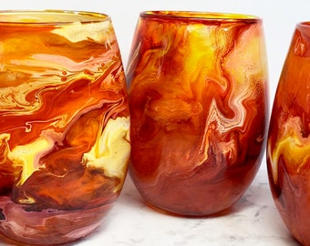 Stemless Wine Glasses-Hand Painted Wine Glasses-Orange Yellow Cocktail Glasses-Fall Home Decor-Autumn Colors-Unique Barware-Resin Art Gifts