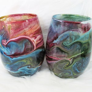 4 Stemless Wine Glasses, Four Hand Painted Wine Glasses, Colorful Barware, Dinner Party Glasses ...