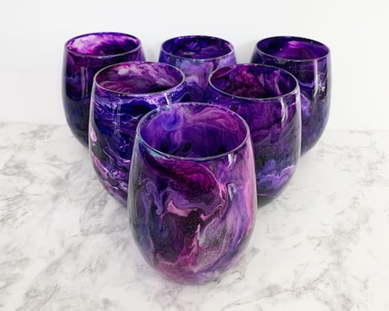 Purple Galaxy Hand Painted Resin Art Stemless Wine Glasses, Unique Barware, Birthday Gift, Wedding Gift, Bridesmaid Gifts, Hostess Gifts image 4