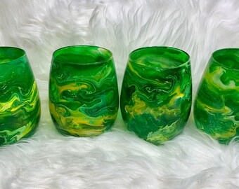 Green and Yellow Oregon Ducks Stemless Wine Glasses- Set of 4 Wine Glasses - Hand Painted Wine Glasses  - Resin Art Epoxy Cocktail Glass