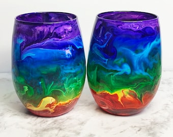 Hand Painted Wine Glasses, Rainbow Resin Art Stemless Wine Glasses, 4 Wine Glasses, Unique Barware, Colorful Barware, Custom Wedding Gift