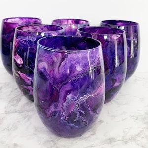 Purple Galaxy Hand Painted Stemless Wine Glasses, Handmade Purple Glassware, Unique Couple Wedding Gift, Barware, Purple Home Decor