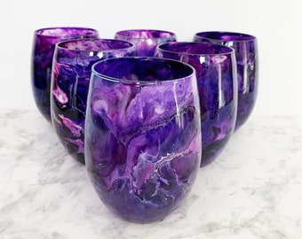 Purple Galaxy Hand Painted Stemless Wine Glasses, Handmade Purple Glassware, Unique Couple Wedding Gift, Barware, Purple Home Decor