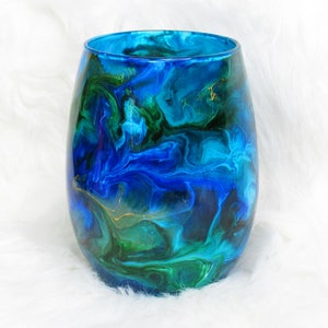Hand Painted Wine Glasses-Emerald Green and Cobalt Blue Stemless Wine Glasses- Cocktail Glasses -Pretty Drink Ware- Glass Tumbler