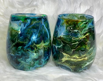 Hand Painted Stemless Wine Glasses in Forrest Green and Ocean Blue - Unique Wedding Gift and Bridesmaid Gifts - Colorful Barware