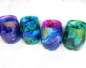 Four Hand Painted Resin Art Stemless Wine Glasses, Choose Your Colors,  Four Custom Color Stemless Wine Glasses, Unique Wedding Gift