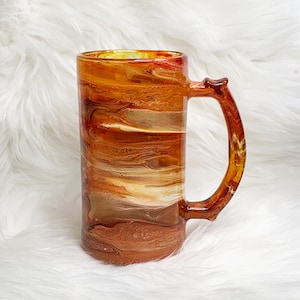 Golden Hand Painted Beer Mug, Colorful Beer Glass, Resin Art Drink Ware, Unique Barware, Fall Colors, Autumn Decor, Ale Mug