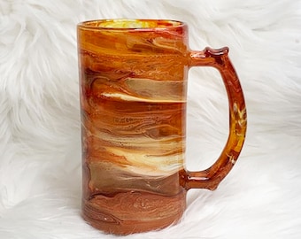 Golden Hand Painted Beer Mug, Colorful Beer Glass, Resin Art Drink Ware, Unique Barware, Fall Colors, Autumn Decor, Ale Mug