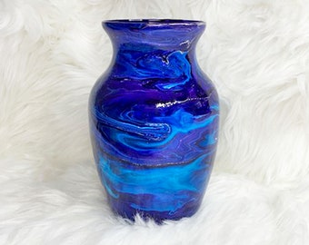 Blue Hand Painted Vase, Resin Art Home Decor,  Blue Mantel Decor, Beautiful Glass Vase, Vibrant Colorful Accent Piece