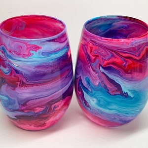 Vibrant Colorful Hand Painted Stemless Wine Glasses, Turquoise Blue, Bright Pink, Lavender Purple, Unique One of a Kind Gift, 20oz Glasses