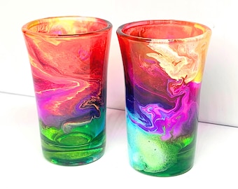 Hand Painted Barware, Cute Set Two of Shot Glasses, Bright Colorful Decor, Multicolored Glassware, Boho Home Decor, Shot Glass Collection