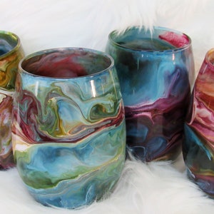 4 Stemless Wine Glasses, Four Hand Painted Wine Glasses, Colorful Barware, Dinner Party Glasses, Housewarming gift, Unique Wedding Gift