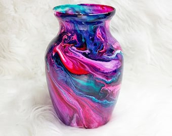 Pink and Teal Hand Painted Vase, Vibrant Pink Home Decor, Bright Pink Teal Green Flower Vase, Colorful Glass Vase, Colorful Mantel Decor