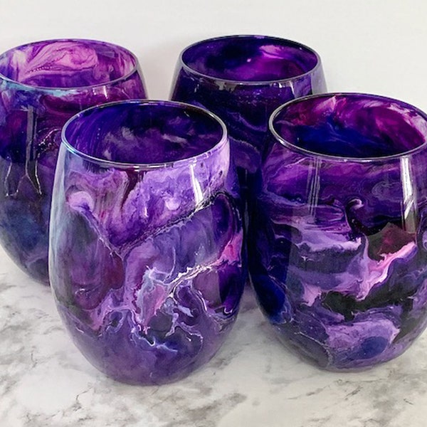 Purple Galaxy Hand Painted Resin Art Stemless Wine Glasses, Unique Barware, Birthday Gift, Wedding Gift, Bridesmaid Gifts, Hostess Gifts