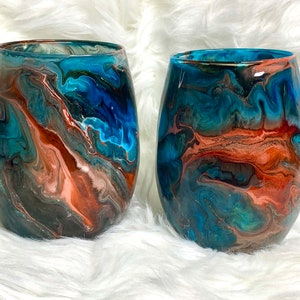 Resin Art Stemless Wine Glasses, Unique Colorful Barware, Eclectic Decor, Blue and Orange Drinkware, Hand Painted Drinking Glasses, Mom Gift