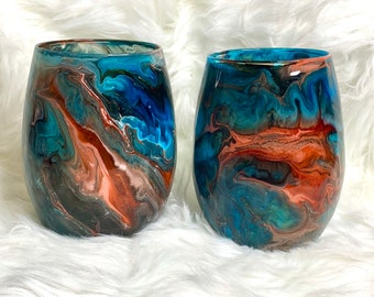 Set of 4 Resin Art Stemless Wine Glasses, Unique Colorful Barware, Eclectic Decor, Blue and Orange Drinkware, Hand Painted Drinking Glasses