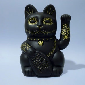 Chat porte-bonheur peint à la main — Catrina noir et or — 18 cm (7 po.)