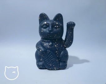 Hand painted Lucky Cat — Midnight Blue and Gold Speckle — 7 inches - 18cm