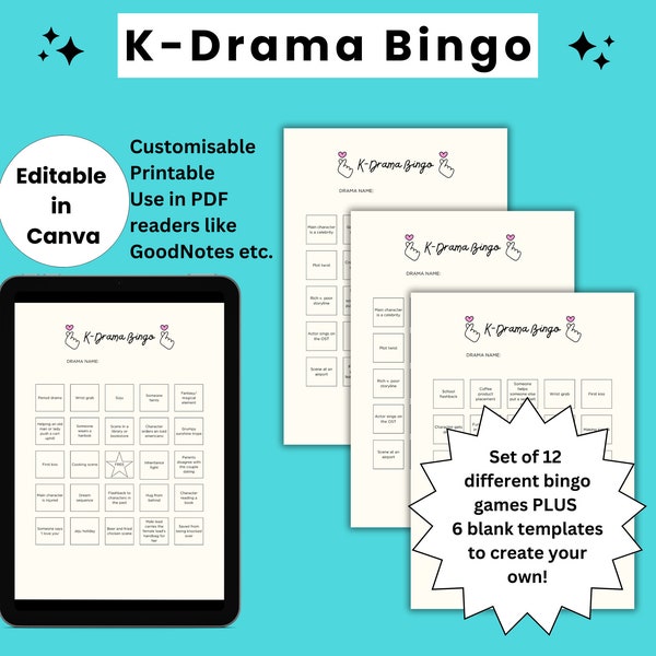 Kdrama Bingo Card Set Template, Kdrama Printable Bingo Game, Digital Bingo Template, Korean Drama Bingo Board, Kdrama Gift, TV Bingo Game