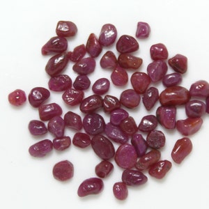 Könnte beinhalten: Eine Sammlung loser, getrommelter Rubin-Edelsteine. Die Rubine sind tiefrot und haben verschiedene Formen und Größen.