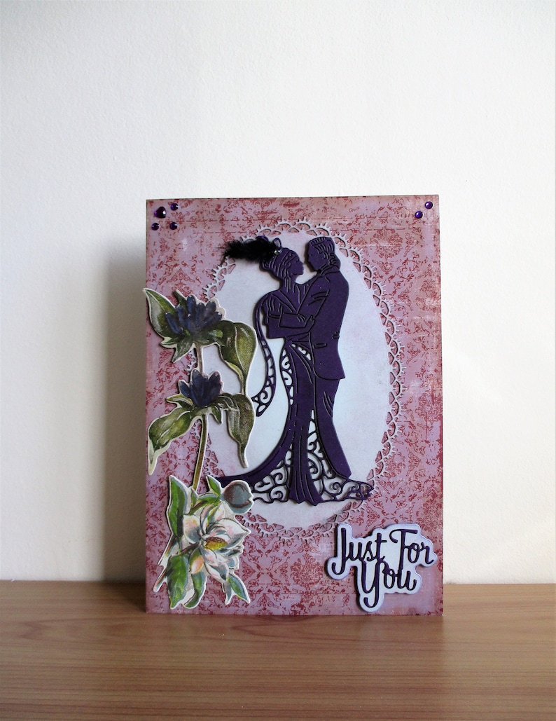 Alternative romantic couple purple silhouette card