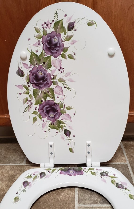 Hand Painted Roses Toilet Seat eggplant Purple whiteelongated