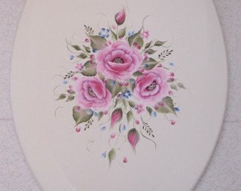 Hand Painted Roses Toilet Seat/Pink Roses, blue and pink wildflowers/BONE ELONGATED wooden seat