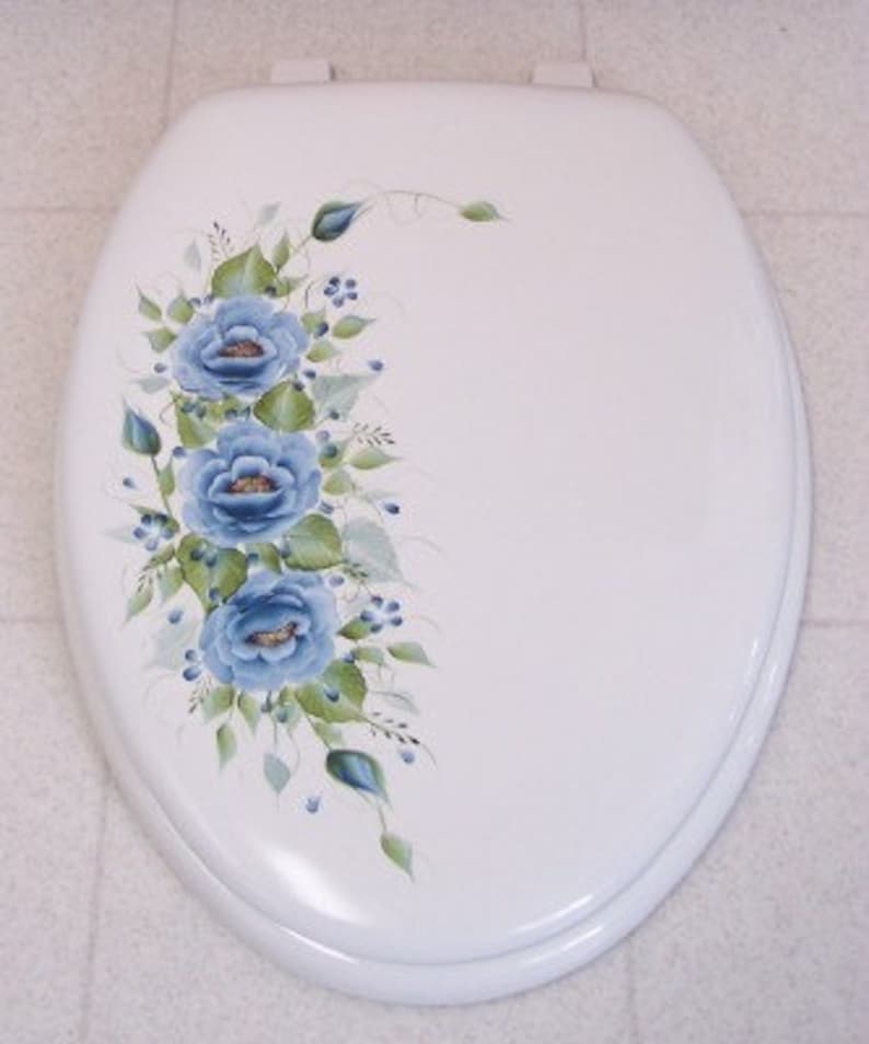 Hand Painted Roses Toilet Seat/blue ROSES/ELONGATED White Wooden Seat ...