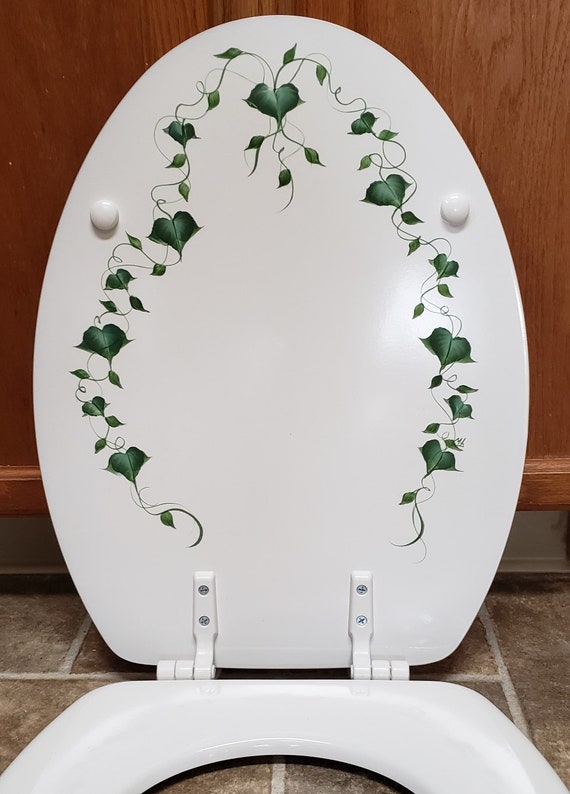 Hand Painted Elongated IVY toilet seat White Wooden