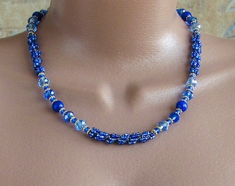 bolo necklace royal blue and gold necklace Long blue necklace blue beaded necklace with a brooch blue seed bead rope necklace for woman