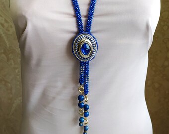 bolo necklace royal blue and gold necklace Long blue necklace blue beaded necklace with a brooch blue seed bead rope necklace for woman