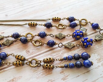 bolo necklace royal blue and gold necklace Long blue necklace blue beaded necklace with a brooch blue seed bead rope necklace for woman