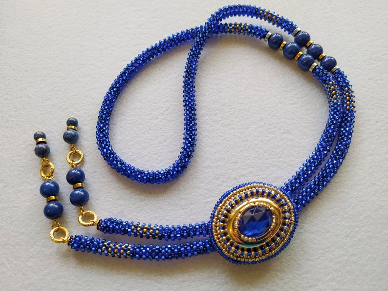 bolo necklace royal blue and gold necklace Long blue necklace blue beaded necklace with a brooch blue seed bead rope necklace for woman