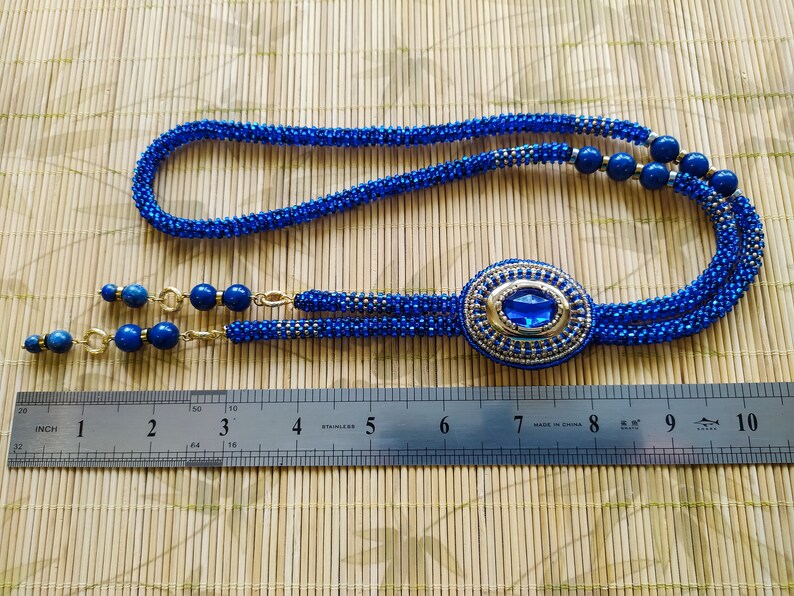 bolo necklace royal blue and gold necklace Long blue necklace blue beaded necklace with a brooch blue seed bead rope necklace for woman