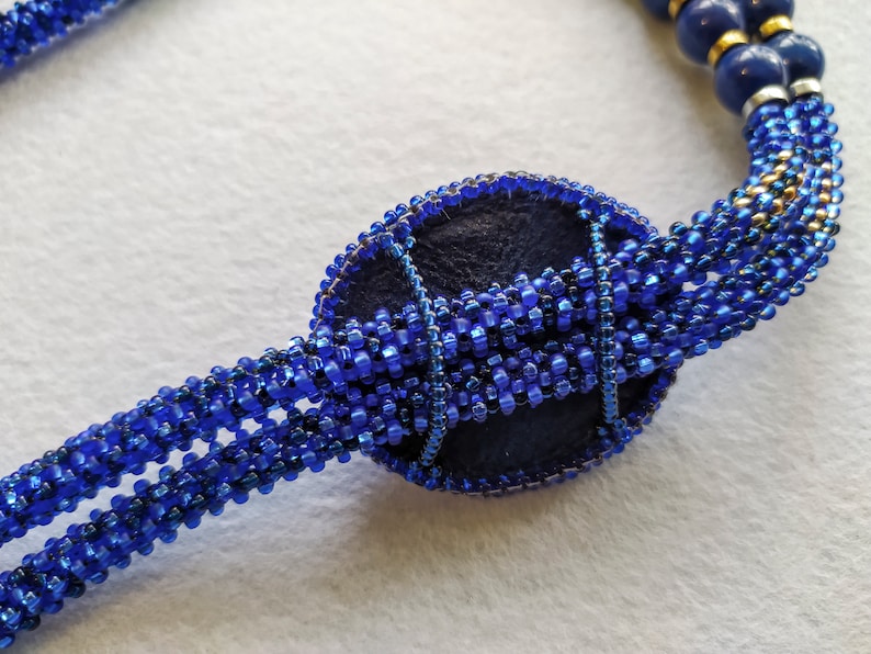 bolo necklace royal blue and gold necklace Long blue necklace blue beaded necklace with a brooch blue seed bead rope necklace for woman