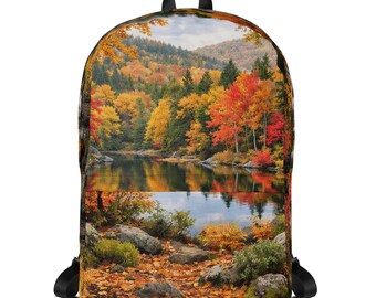 Autumn Forest Lake Backpack, Water Scenery Print, Gift, Fall Style, For Her, For Her