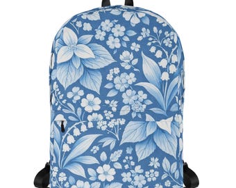Blue Floral Backpack, Gift, For Her, Water-Resistant Daypack