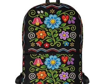 Black Floral Print Backpack, Gift, Casual, Gift, Mother's Day, For Her, Carryall, Blue Flower