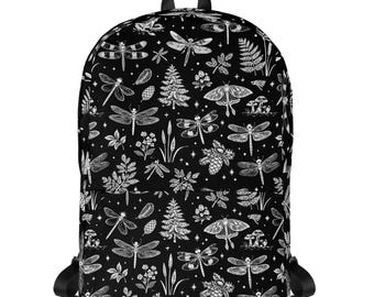 Black and White Dragonfly Cattail Backpack, Nature Print, Water-Resistant Bag