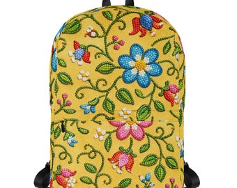 Beaded Floral Backpack, ,Gift, For Her, Yellow Casual Bag