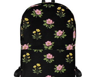 Wildflower Backpack, Wildrose Buttercup, Gift, Mother's Day, For Her, Black Pink Yellow Floral Bag