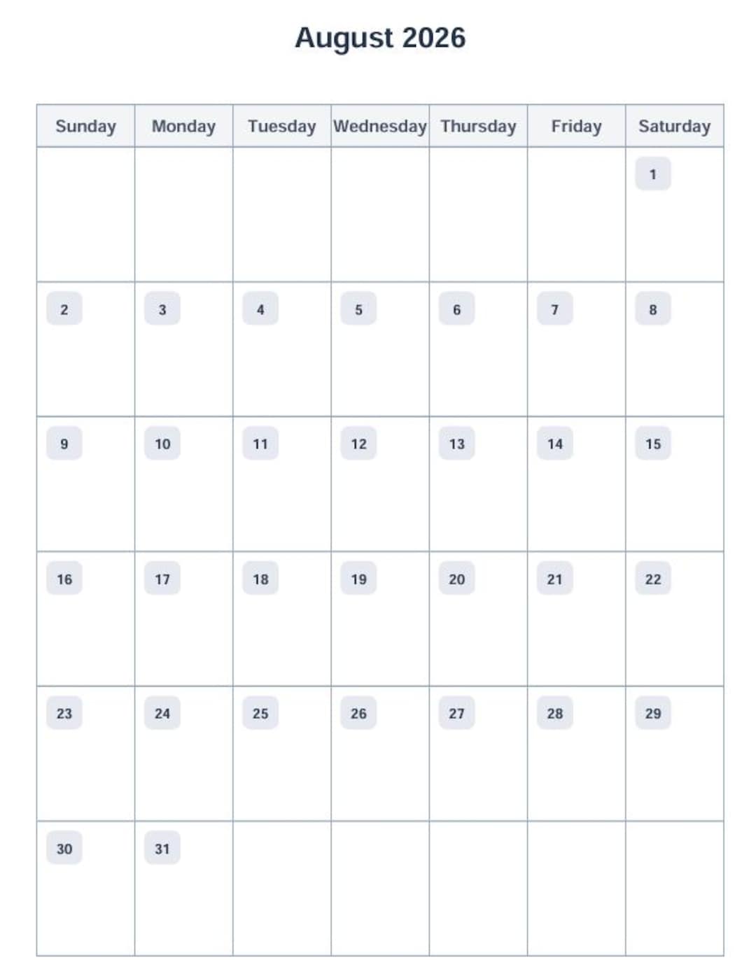 August 2026 Calendar, One Page Printable (PDF Download) - Etsy