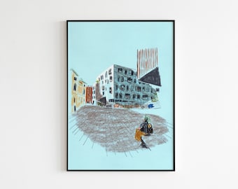 Detrás de la Boquería de Barcelona, Impresión de bellas artes, Impresión de viaje, Impresión de verano, España, Mujer, Azul, Mochila, Romántico, Barrio Gótico, Europa