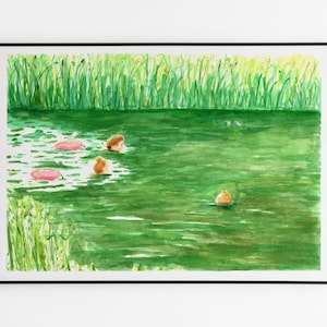 Chatting Mermaids, Wild Swimming Fine Art Print, Watercolour, Lake, Swimmers, Green, Nature, Swim Poster, Swimming Art, Wild Swimming Print