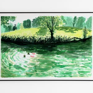 Serious Mermaids, Wild Swimming, Fine Art Print, Watercolour, Lake, Swimmers, Green, Nature, Swim Poster, Swimming, Wild Swimming Print
